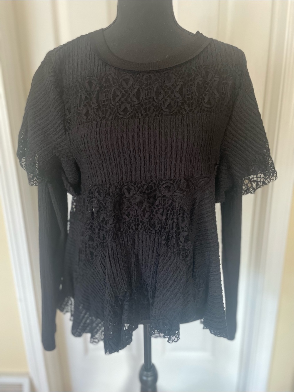 Free People Lace-Trim Textured Long Sleeve Top